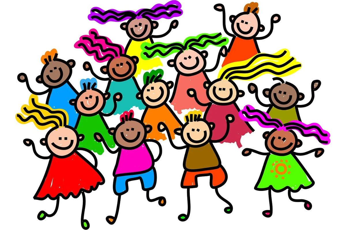 Colourful cartoon-style illustration of a diverse group of happy children with bright clothing and playful hairstyles, dancing and celebrating together.